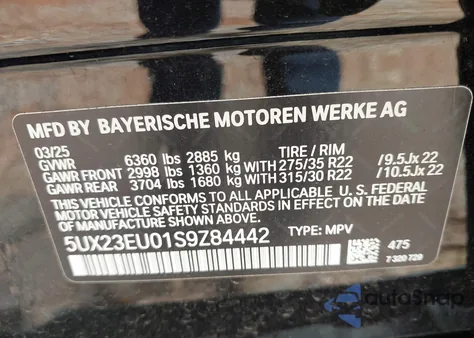 2025 BMW X5 xDrive40I из США, поврежденный, VIN 5UX23EU01S9Z84442